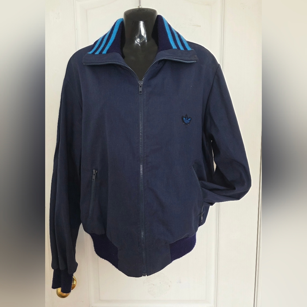 Adidas Vintage 70s-80s Blue Swing Top Blouson Zip Up Jacket w Ribbed Collar S L